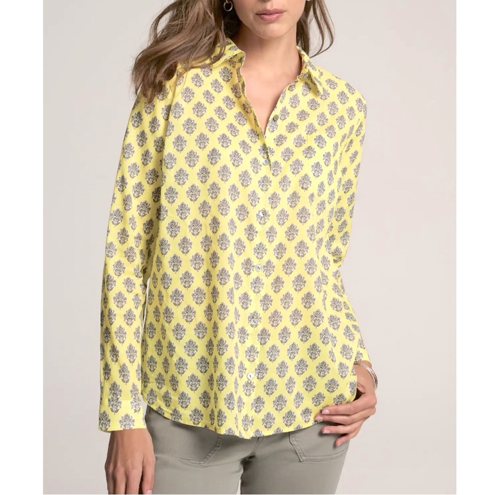J Jill Yellow One Pocket Shirred Back Shirt Top Button Front  100% Cotton Size S